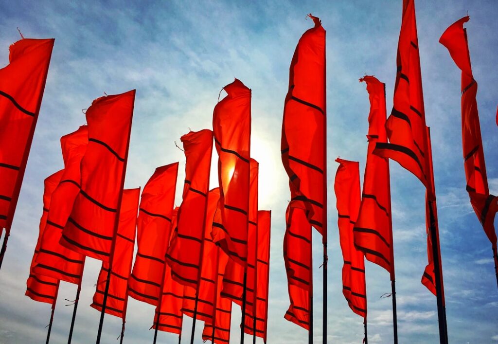 Multiple red flags waving in the wind, symbolizing warning signs to watch for