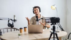 Doctor podcasting setup with microphone for healthcare podcast booking